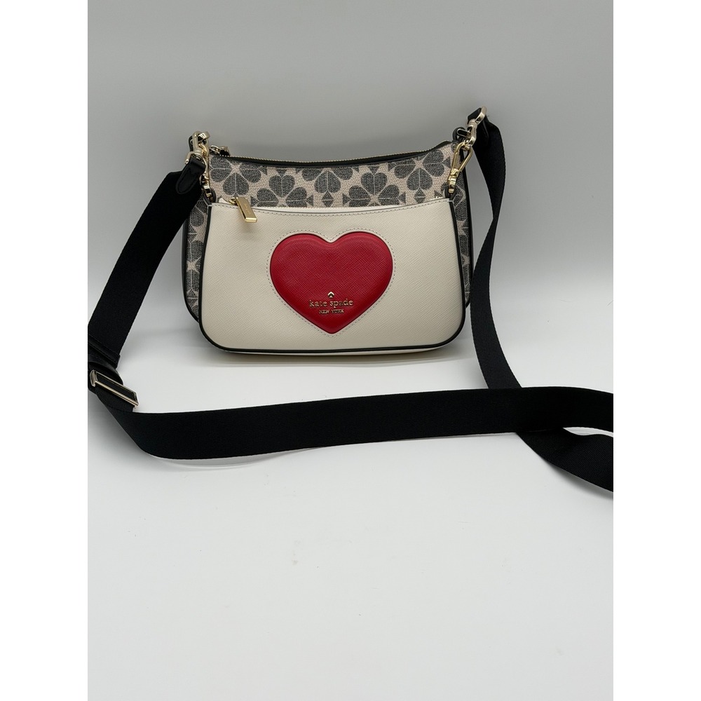 Kate Spade Heart Spade Flower Monogram Double Zip Crossbody Bag Cream Grey Black